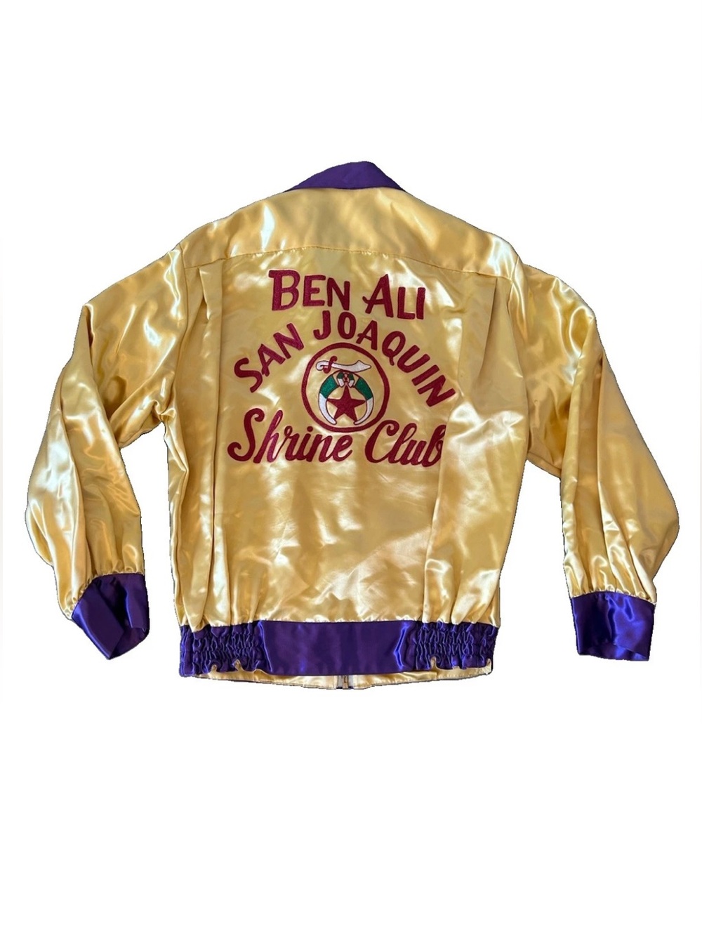 Vintage Satin Bowling Jacket L Embroidered Gold Purple Ben Ali Shriners RARE